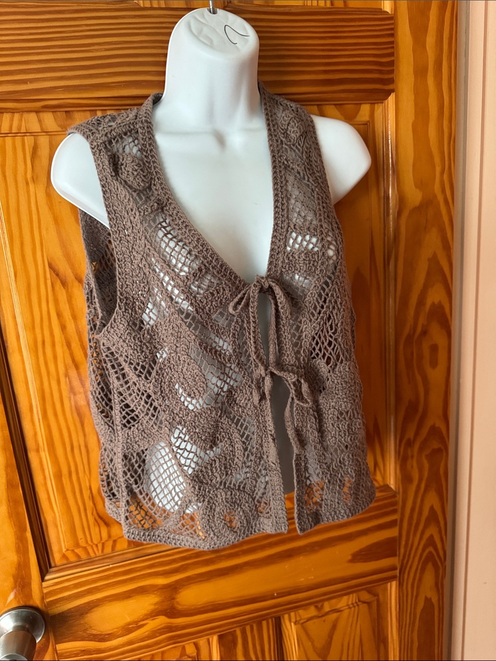 Adiva Taupe Crochet Tie-Front Vest